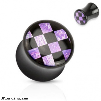 Pair of Black acrylic saddle plug with purple checker inlay, torn penis piercing repair, black onyx navel ring, black line titanium body jewelry jewelry nipple, black hole body piercing, body jewelry acrylic