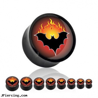 Pair Of Black Acrylic Saddle Plugs with Flaming Bat, torn penis piercing repair, black cock, black onyx ball stud, black hole body piercing, acrylic bead rings