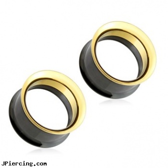 Pair Of Black And Gold Surgical Steel Screw Fit Double Flared Tunnels, torn penis piercing repair, black clitoris, black whole body piercing, black labret, 18k gold belly ring