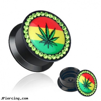 Pair Of Black Double Flared Jeweled Acrylic Plugs with Pot Leaf Center, torn penis piercing repair, piercing jewelry black, black penis piercing pic, black cock, double naval piercings