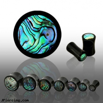Pair Of Black Horn Plugs with Abalone Shell Inlay, torn penis piercing repair, black penis, labret jewelry black, black market body jewelry, longhorn navel ring