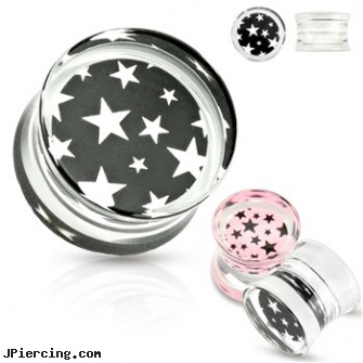 Pair Of Black Star Pattern Print Encased Clear Acrylic Saddle Fit Plugs, torn penis piercing repair, black body jewelry, black clitoris, black whole body piercing, star piercings