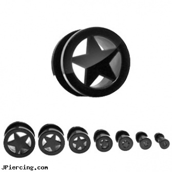 Pair Of Black Titanium Plated Screw Fit Tunnels with Star, torn penis piercing repair, black hole body piercing, black penis piercing, black line, titanium body percing jewelry
