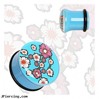 Pair Of Blue Acrylic Oriental Flower Blossom Single Flare Plugs, torn penis piercing repair, body jewelry blue heart, black and blue titainum tongue rings, body jewelry acrylic, acrylic bead rings