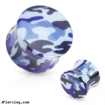 Pair Of Blue Camouflage Printed UV Acrylic Saddle Fit Plugs, torn penis piercing repair, body jewelry blue heart, black and blue titainum tongue rings, uv acrylic body jewellery canada, acrylic tongue barbells