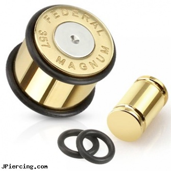 Pair Of Bullet Gold IP 316L Surgical Steel Plugs with O-Rings, torn penis piercing repair, armor piercing bullet information, solid gold plugs gauge, gold nipple jewelry, india nose pin nose stud nose ring gold diamond retail