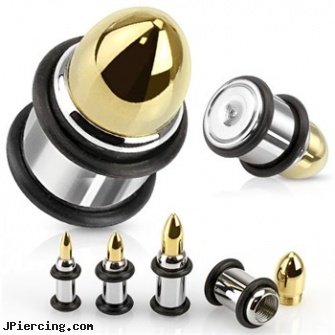 Pair Of Bullet Stainless Steel Plugs With O-Rings, torn penis piercing repair, armor piercing bullet information, stainless steel cock ring, body jewlery stainless steel, stainless steel nose rings