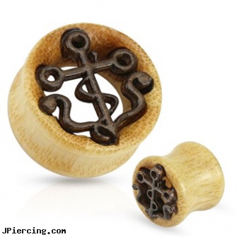 Pair Of Carved Out Anchor Inlayed Organic Wood Saddle Fit Tunnels, torn penis piercing repair, make organic body jewelry, organic nipple jewelry, organic wood body jewelery, wooden body jewelry