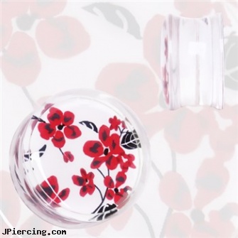 Pair Of Clear Acrylic Red And White Floral Print Saddle Plugs, torn penis piercing repair, clear toung rings, clear tongue rings, clearance tongue rings, gauge acrylic body jewelry