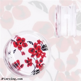 Pair Of Clear Acrylic Red And White Floral Print Saddle Plugs, torn penis piercing repair, clear toung rings, clear tongue rings, clearance tongue rings, gauge acrylic body jewelry