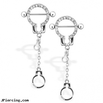 Pair Of Clear Gem Paved Nipple Rings with Dangling Handcuffs, torn penis piercing repair, clear tongue rings, clear toung rings, clear belly button ring, nipple peircings