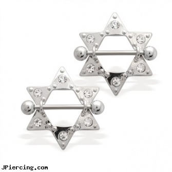 Pair of clear jeweled star nipple shields, 14 ga, torn penis piercing repair, clear studs, clear tongue rings, clearance tongue rings, jeweled navel slave rings