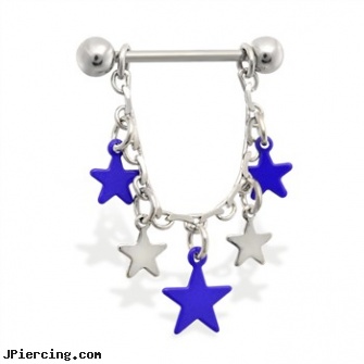 Pair of dangle nipple rings with blue stars, torn penis piercing repair, dangle belly button rings, shamrock dangle navel body jewelry, reverse dangle navel rings, nipple genital piercing