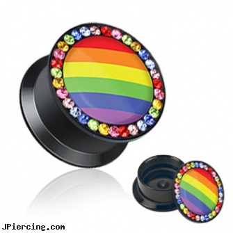 Pair Of Double Flared Acrylic Jeweled Saddle Plugs with Rainbow Striped Center, torn penis piercing repair, double captive ring body jewelry, double gem belly button rings, double nipple piercings, acrylic labrets