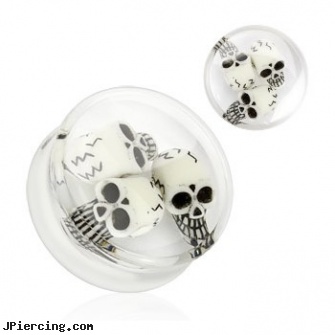 Pair Of Encased Triple Skull Clear Acrylic Saddle Plugs, torn penis piercing repair, stainless steel triple cock ring, skull navel ring, skull labrets, skull belly button ring