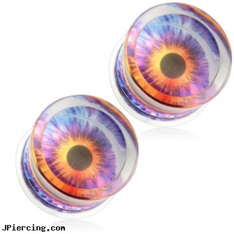 Pair Of Eyeball Print Encased Clear Acrylic Saddle Fit Plugs, torn penis piercing repair, straight barbell clear retainer, clearwater florida tongue piercing, clear studs, body jewelry acrylic