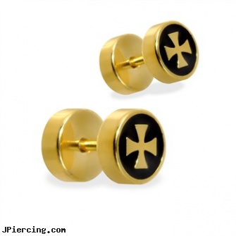 Pair of fake Gold Tone Cross plugs, 16GA, torn penis piercing repair, fake gold nose ring, fake body jewelry, fake lip piercing, gold body piercing jewelry