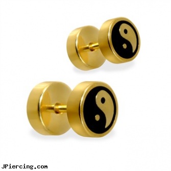 Pair of fake Gold Tone Ying-Yang plugs, 16GA, torn penis piercing repair, fake navel ring, fake eyebrow piercing, fake nipple rings, gold belly jewelery