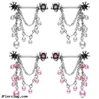 Pair of flower nipple rings with pearl and chain dangles, torn penis piercing repair, flower pics, flower nipple shields, flower belly ring, purchase nipple jewelry