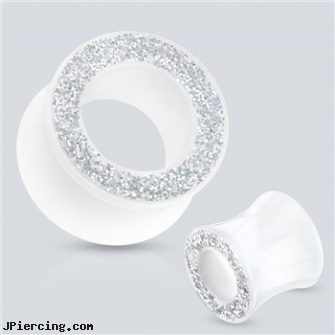 Pair Of Glittery Rim Solid White Acrylic Saddle Fit Tunnels, torn penis piercing repair, solid gold tongue rings, solid gold plugs gauge, solid gold body jewelry, after tongue piercing white coat on tongue
