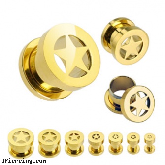 Pair Of Gold Tone Surgical Steel Screw Fit Tunnels with Star, torn penis piercing repair, gold navel piercings, solid gold belly button ring, golden retriever belly button rings, stone cock ring