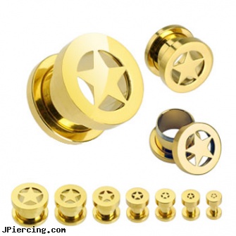 Pair Of Gold Tone Surgical Steel Screw Fit Tunnels with Star, torn penis piercing repair, gold navel piercings, solid gold belly button ring, golden retriever belly button rings, stone cock ring