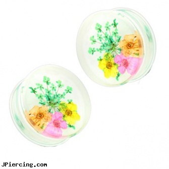 Pair Of Green Dried Flower Clear Acrylic Saddle Fit Plugs, torn penis piercing repair, flower fishtail labret, flower nipple shields, flower shaped labret jewerly, belly button rings clearance