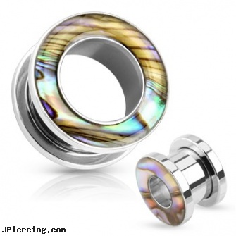 Pair Of Mother Of Pearl Rimmed Surgical Steel Screw Fit Tunnels, torn penis piercing repair, pearl navel ring, surgical stainless steel body jewelry, body piercing jewelry surgical steel, surgical steel navel rings