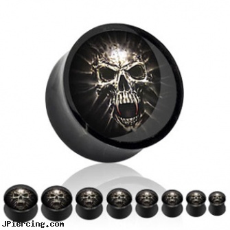 Pair Of Mummy Skull Acrylic Saddle Plugs, torn penis piercing repair, skull labret, skull labrets, skull navel ring, acrylic body jewelry