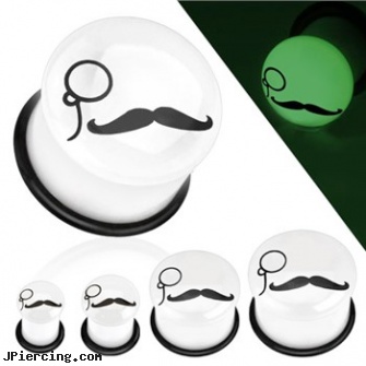Pair Of Mustache Monocle Glow In The Dark Acrylic Plugs, torn penis piercing repair, glow in the dark belly button ring, glow stick tongue rings, glow in the dark tongue ring, large dark nipple
