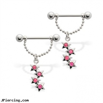 Pair of nipple barbells with dangling jeweled stars, 14 ga, torn penis piercing repair, nipple ring chain, nonpiercing nipple rings, gauge for nipple piercing, rhinestone belly button barbells