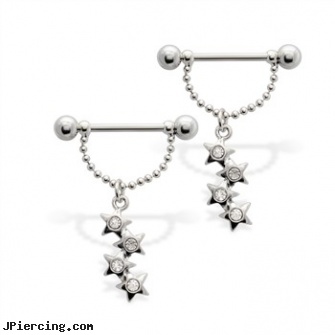 Pair of nipple barbells with dangling jeweled stars, 14 ga, torn penis piercing repair, body jewelry nipple sheilds, average nipple piercing size, steel spike nipple shields, eyebrow barbells