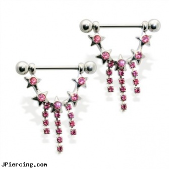 Pair of nipple barbells with jeweled star dangle, 14 ga, torn penis piercing repair, nipple ring sizing guide, story clit and nipple piercing sex literotica, nipple piercing women, nipple barbells