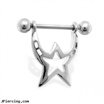 Pair of nipple rings with star dangle, 14 ga, torn penis piercing repair, average price for nipple piercings, nipple piersing, nipple ring pain, cat belly button rings