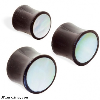 Pair Of Organic Horn Plugs with Mother Of Pearl Inlay, torn penis piercing repair, organic nipple jewelry, organic body jewelery, make organic body jewelry, wholesale body jewelry horn and bone