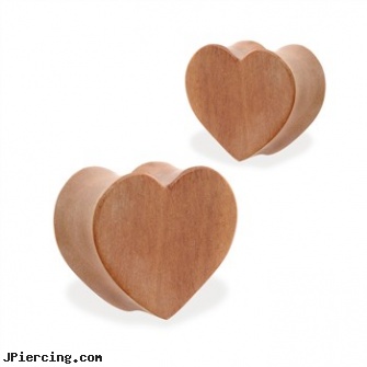 Pair Of Organic Red Cherry Wood Heart Shape Double Flare Plugs, torn penis piercing repair, care of organic body jewelery, organic nipple jewelry, organic body jewelery, wooden body jewelry