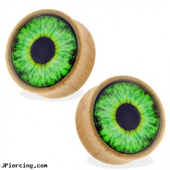 Pair Of Organic Wood Saddle Plugs with Green Eyeball, torn penis piercing repair, care of organic body jewelery, organic body jewelery, organic body jewelry, wooden body jewelry