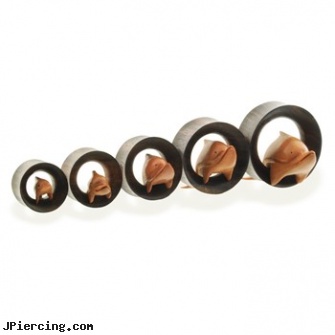 Pair Of Organic Wooden Saddle Fit Plugs with Dolphin, torn penis piercing repair, organic body jewelry, care of organic body jewelery, make organic body jewelry, wooden body jewelry