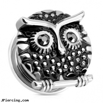Pair Of Owl with Gemmed Black Eyes Surgical Steel Screw Fit Plugs, torn penis piercing repair, black onyx ball stud, black cat tattoo and body peircing, black pussy photos, body piercing jewelry surgical steel