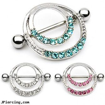 Pair Of Paved Gem Double Hoop Nipple Shields, 14 Ga, torn penis piercing repair, double navel peircing picture, double steel cock rings, double gem belly button rings, ear piercing hoops