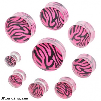Pair Of Pink Tiger Print Acrylic Saddle Plugs, torn penis piercing repair, pink belly rings, belly button ring pink panther, pink crystal playboy bunny navel ring, eye of the tiger tattoos and body piercings