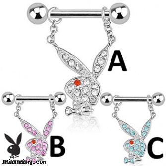 Pair Of Playboy Bunny with Multi Paved Gems Dangle Steel Nipple Bars, torn penis piercing repair, playboy belly ring, playboy head, piercing playboy, bunny head navel jewellery piercing