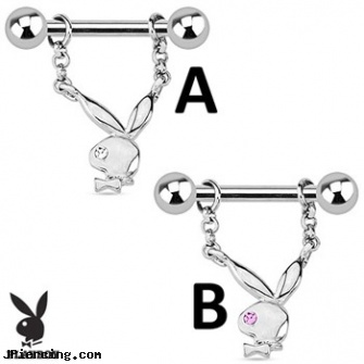 Pair Of Playboy Bunny with Single Gem Dangle Steel Nipple Bars, torn penis piercing repair, playboy belly ring, playboy body jewellery, playboy belly button rings, pink crystal playboy bunny navel ring