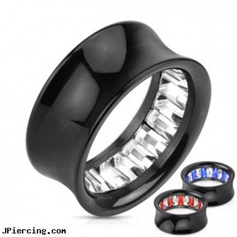 Pair Of Princess Cut Gem Pattern Inlayed Black Acrylic Saddle Fit Tunnels, torn penis piercing repair, princess albertina piercing, princess albertina, black and blue titainum tongue rings, black clitoris