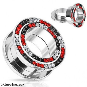 Pair Of Red And Black Jeweled Double Loop Screw-Fit Tunnels, torn penis piercing repair, black line, blackhole body piercing, black titanium labret, jeweled navel slave rings