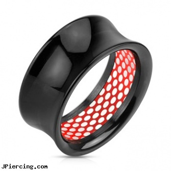 Pair Of Red Mesh Pattern Inlayed Black Acrylic Saddle Fit Tunnels, torn penis piercing repair, black cock, black clit, black clitoris, acrylic ear body jewelry