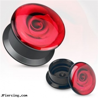 Pair Of Red Rose Print Black Acrylic Flat Screw Fit Plugs, torn penis piercing repair, rose belly button rings, rose belly jewelry, black market body jewelry, black penis piercing