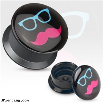 Pair Of Shades And Mustache Print Black Acrylic Flat Screw Fit Plugs, torn penis piercing repair, black body piercing jewelery, black cat tattoo and body peircing, black studs, uv acrylic body jewellery canada