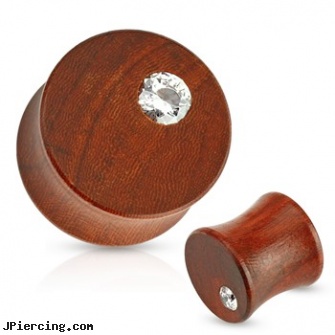 Pair Of Single CZ Top Organic Mahogany Wood Saddle Fit Plugs, torn penis piercing repair, body jewelry single earings, single use piercing kits, organic wood body jewelery, make organic body jewelry