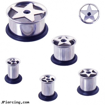 Pair Of Single Flared Star Tunnels with Black Gem, torn penis piercing repair, body jewelry single earings, single use piercing kits, star jewelry, navel ring starter twister wholesale